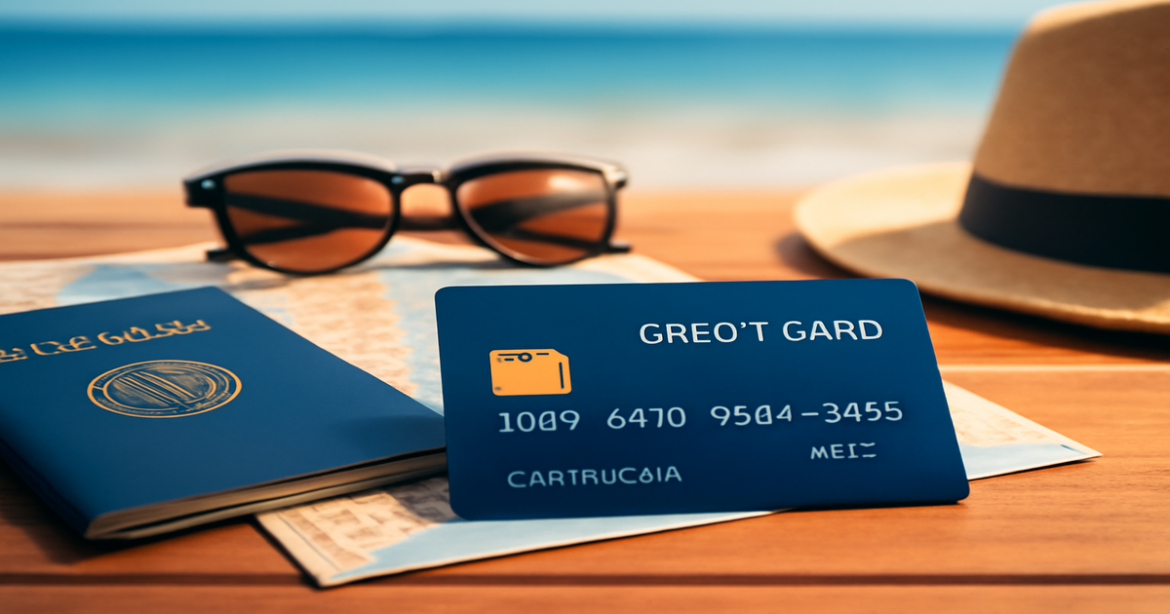 Elegant credit card on a wooden table, showcasing the convenience of кредитные карты for travel.