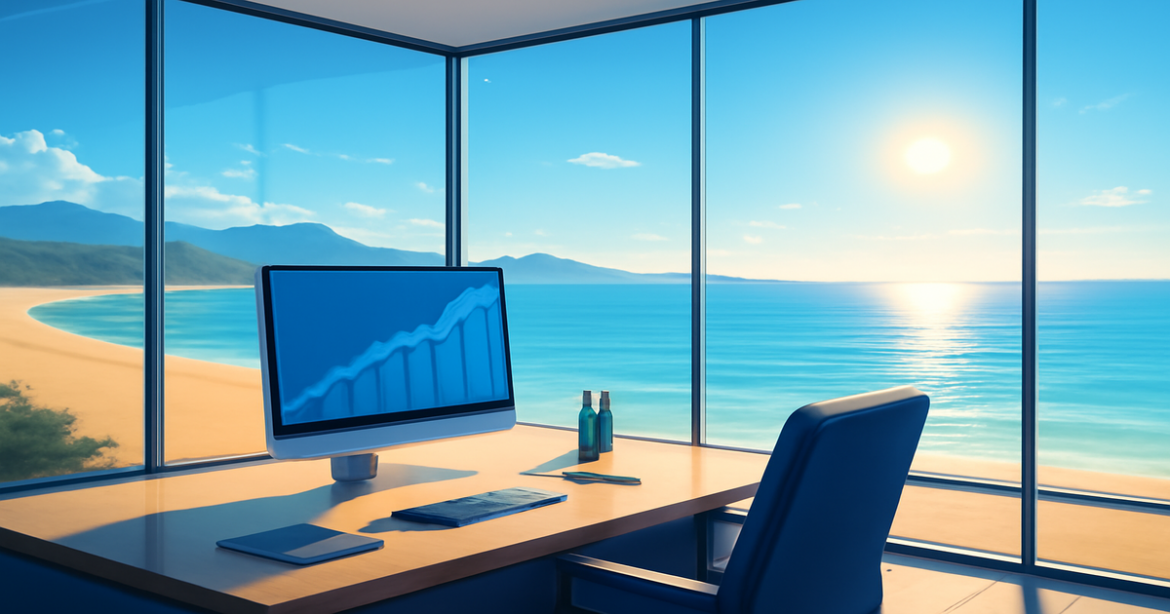 A professional image representing кредитный рейтинг in a serene coastal office setting.