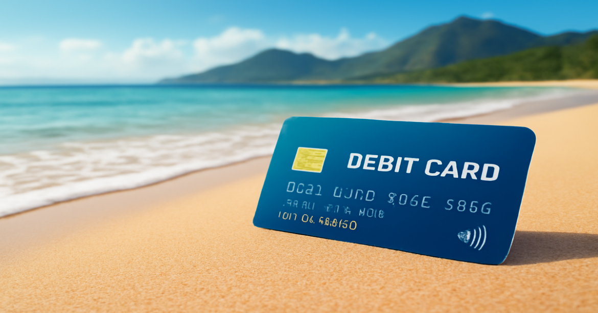 A debit card on a beach symbolizing financial control and travel benefits.