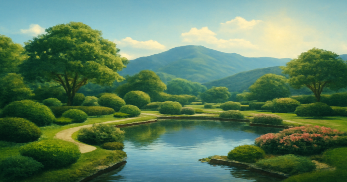 A tranquil garden landscape symbolizing effective инвестиции management and financial goal achievement.