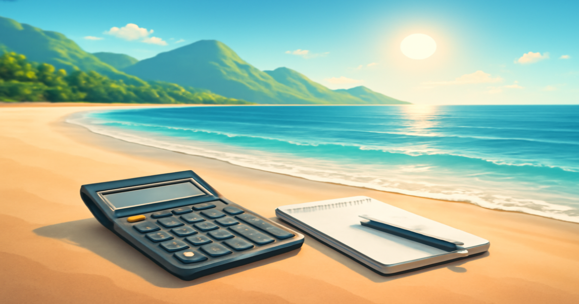 A peaceful beach scene illustrating финансовая грамотность with financial planning tools in a serene landscape.