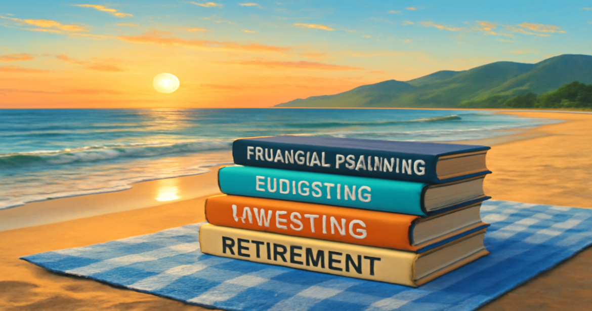 Image representing финансовая грамотность with a beach and financial planning books, highlighting financial literacy.