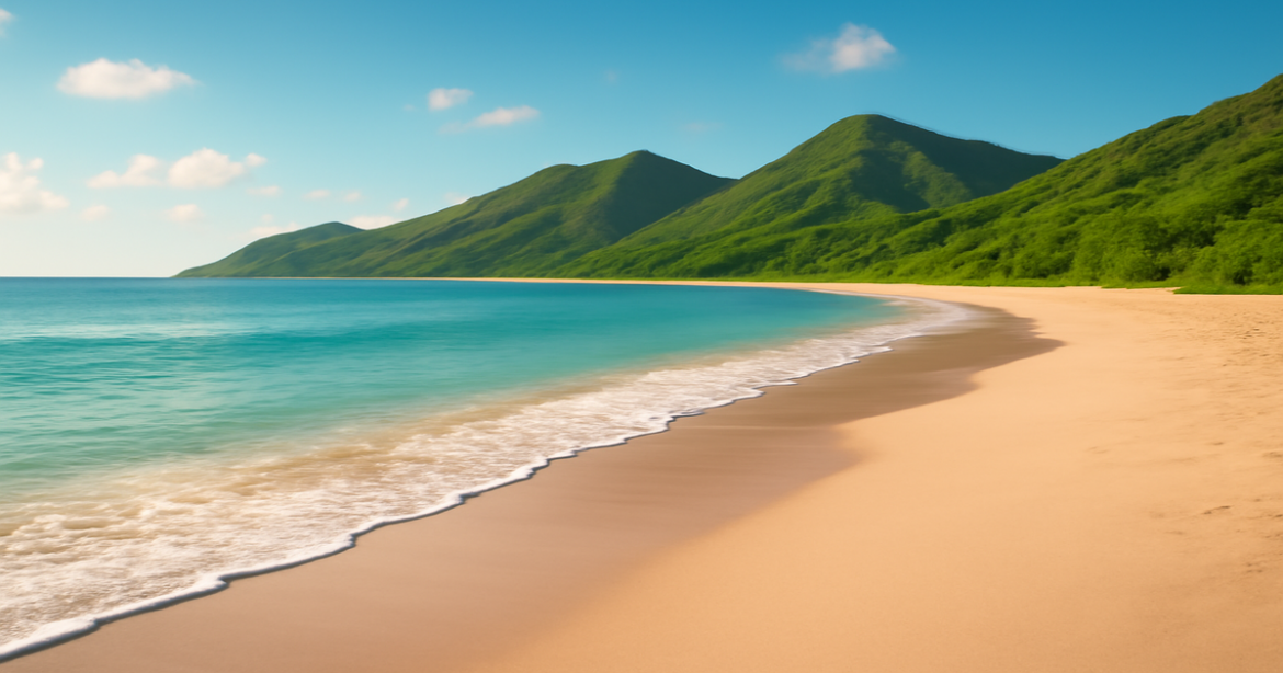 A tranquil landscape representing финансовая грамотность with a beach and mountains, symbolizing informed financial decisions.