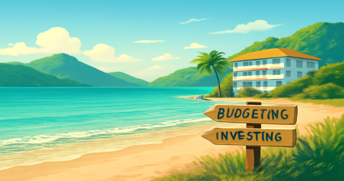 A peaceful beach scene symbolizing финансовая грамотность with mountains and a hotel, ideal for financial planning.