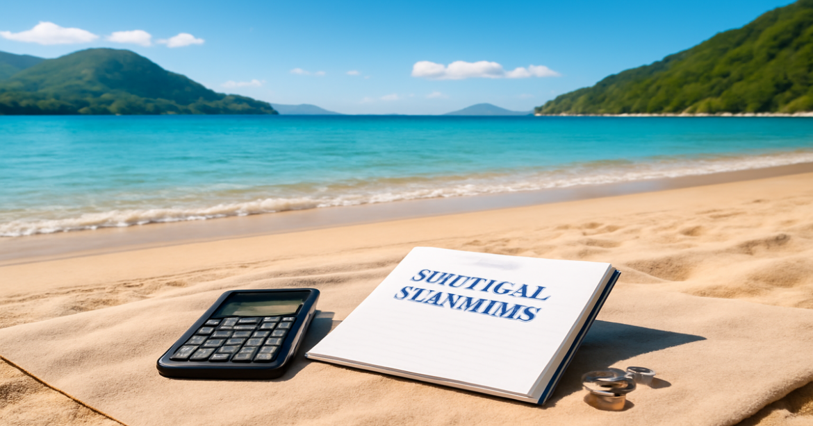 A peaceful beach scene symbolizing финансовая грамотность with financial planning tools, creating a relaxing atmosphere.
