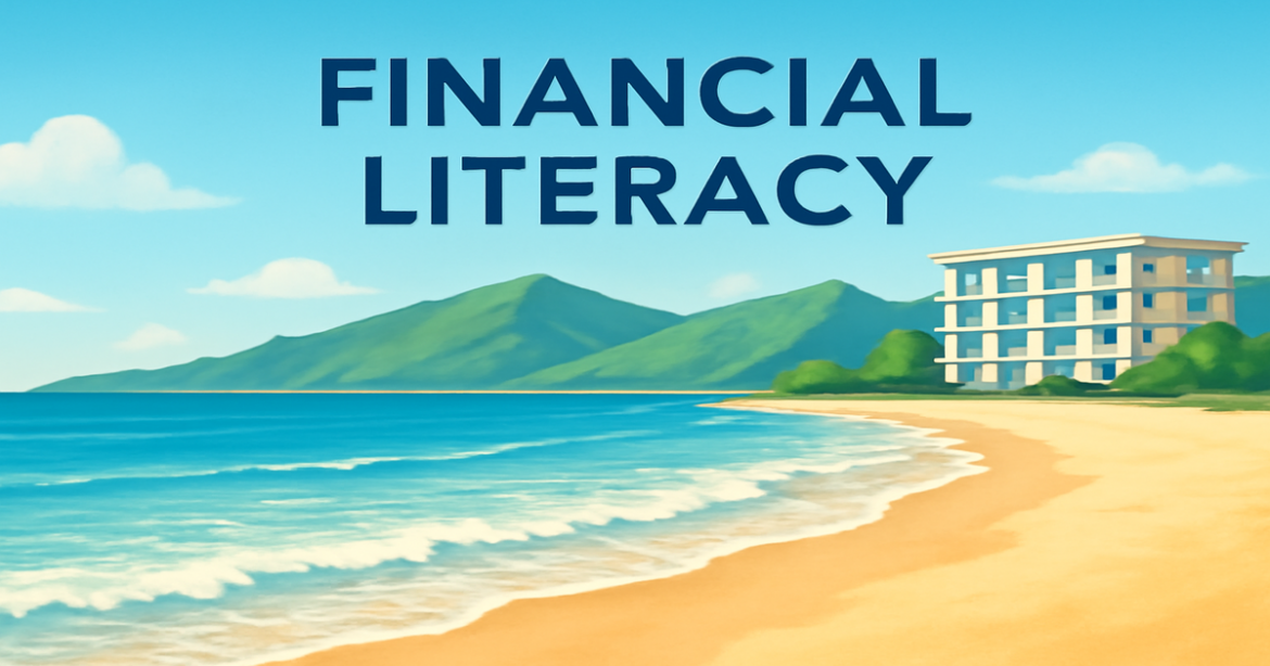 A peaceful beach scene illustrating финансовая грамотность, emphasizing financial management and planning.