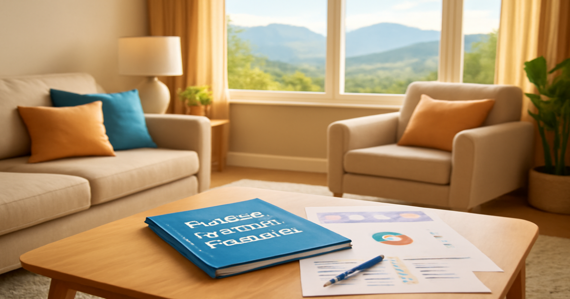 A cozy family living room emphasizing financial planning with a beautiful mountain view.