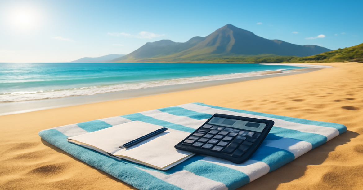 A tranquil beach scene symbolizing финансовое планирование and financial independence with mountains in the background.