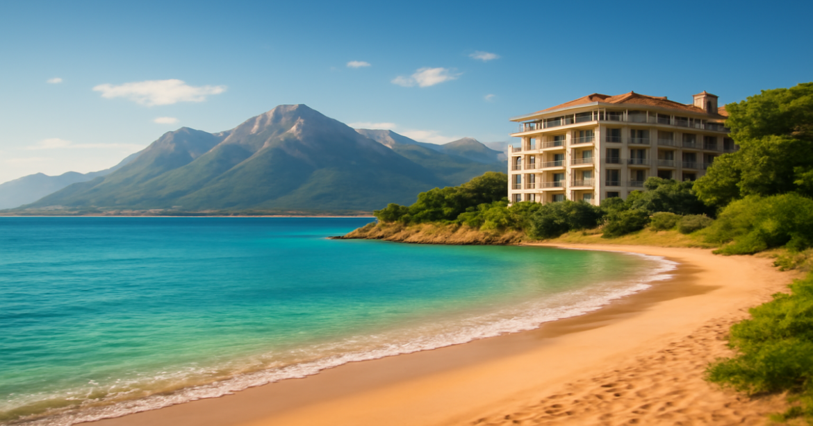 A tranquil beach and mountains, representing финансовое планирование and financial stability.
