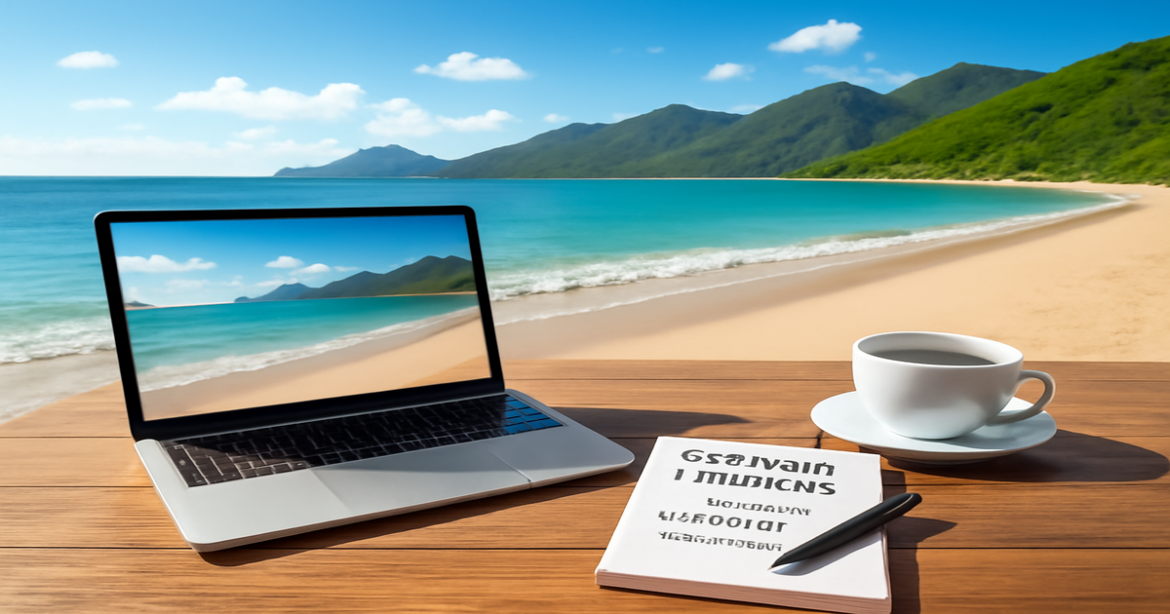 A beautiful beach and mountains scene, symbolizing financial planning and stability.