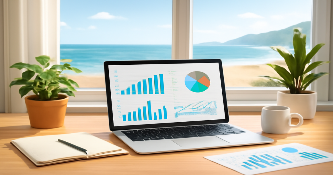 A professional workspace for финансовое планирование with nature views, promoting personal finance management.
