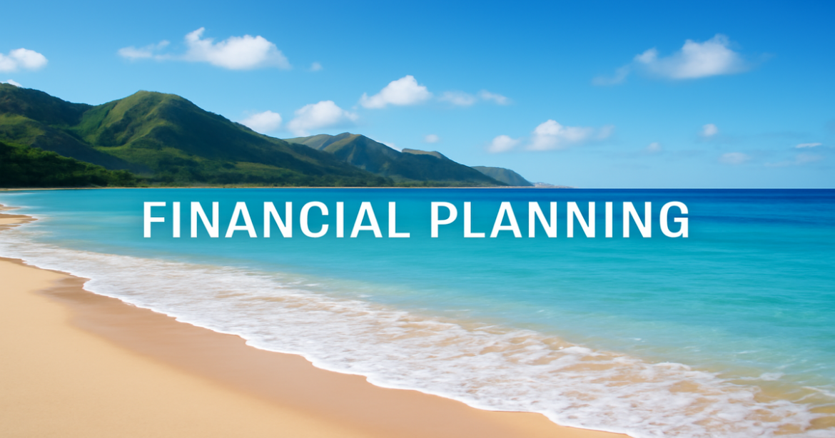 Visual representation of financial planning with a serene beach and mountains, symbolizing financial goals.