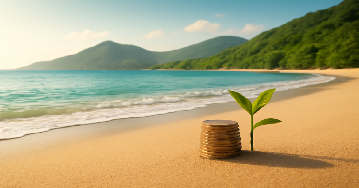 A tranquil beach scene symbolizing investments, featuring clear waters and lush mountains.