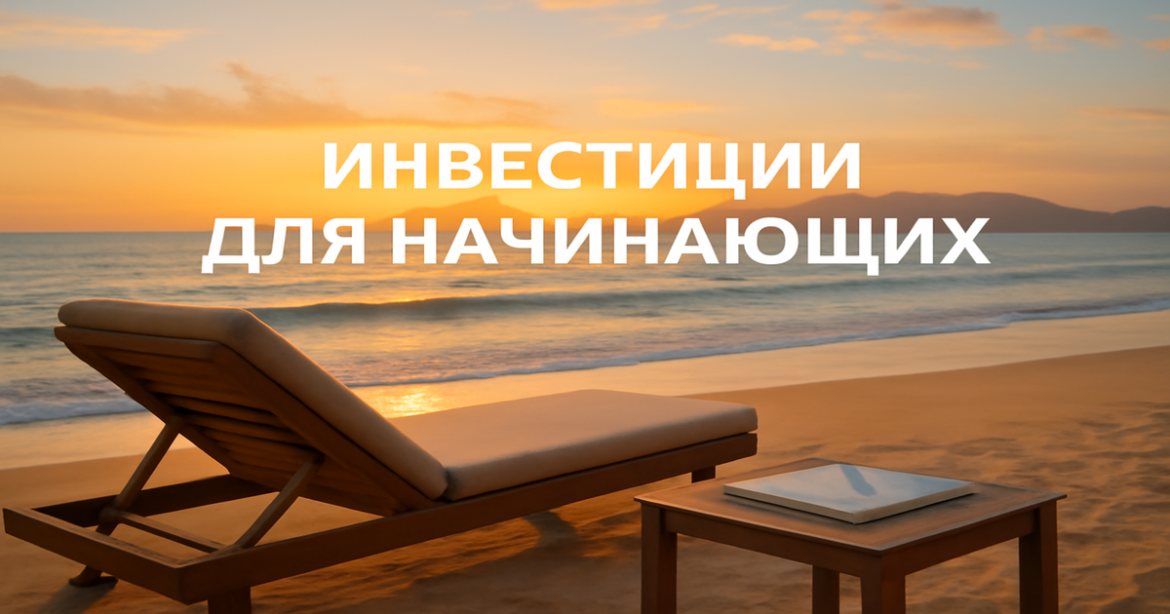A relaxing beach scene symbolizing инвестиции для начинающих, featuring a serene sunset and investment planning elements.