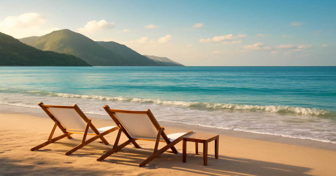 A tranquil beach scene symbolizing investment opportunities, with mountains and sunlit waves.