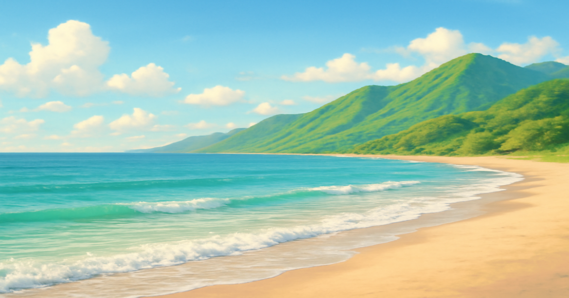 Serene beach landscape illustrating investment for beginners, featuring mountains and a relaxing atmosphere.