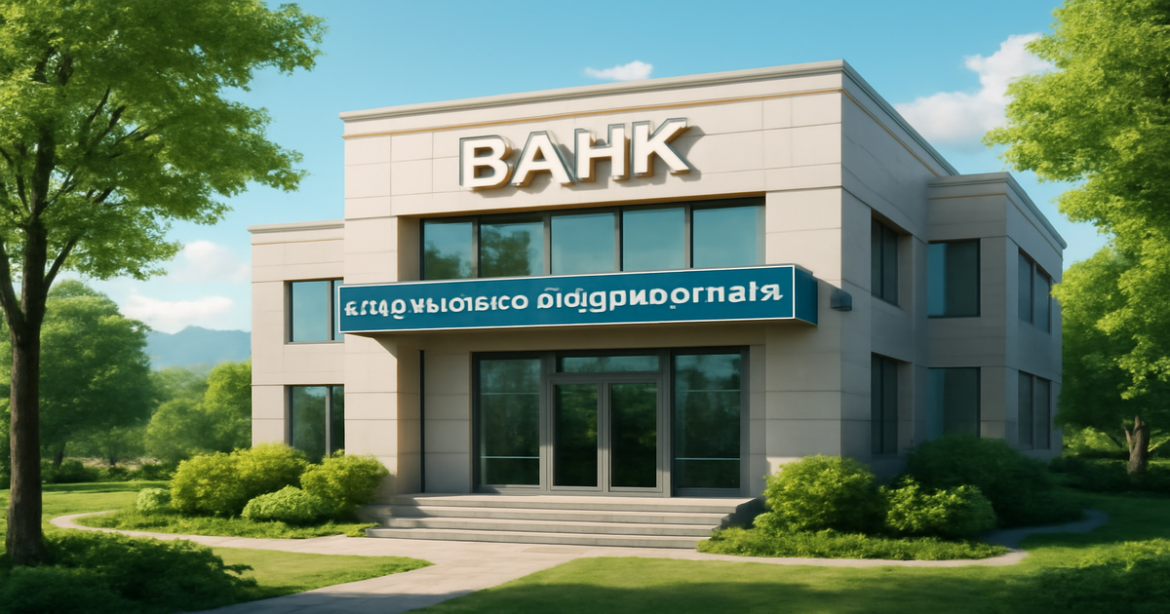 A modern bank building symbolizing ипотечное кредитование in a serene natural setting.