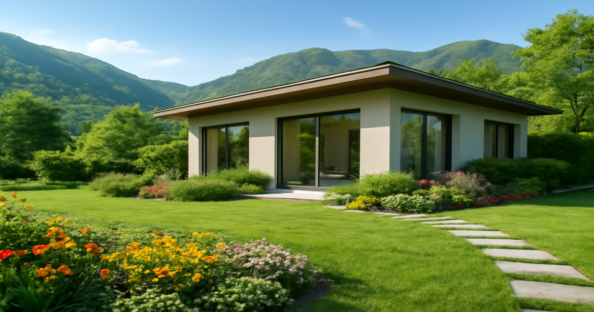 A tranquil home landscape representing ипотечное кредитование in 2026, with mountains and a serene garden.