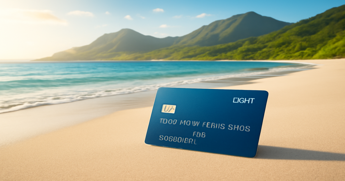 A relaxing beach scene with a debit card, symbolizing effective finance management and travel.