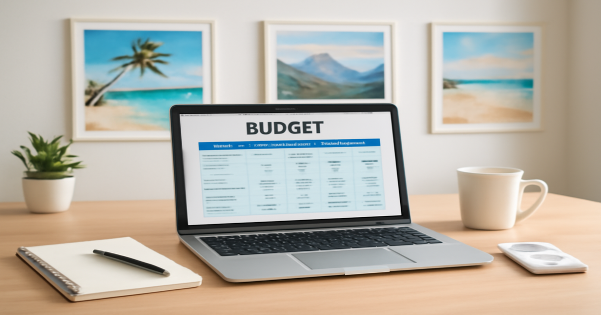 A professional budgeting scene illustrating effective financial planning with serene travel destinations.