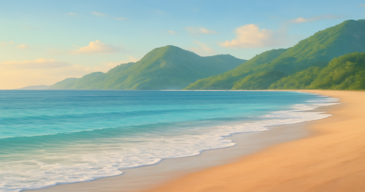 A tranquil beach and mountain landscape symbolizing avoiding ошибки при кредитовании.
