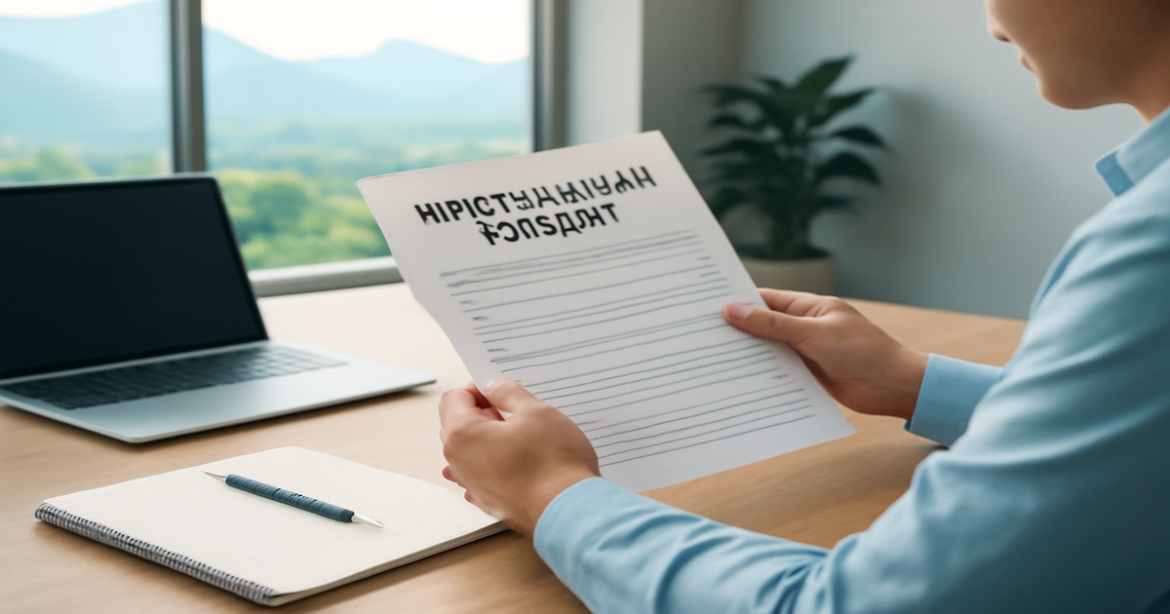 Professional office scene illustrating the process of оформлении ипотечного кредита with a mountain view.