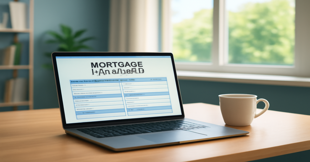 A calming office scene illustrating the mortgage application process with a laptop and coffee.