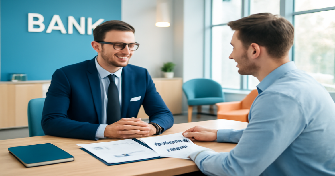 A professional bank interior showcasing a business owner discussing a бизнес-счет with a representative.