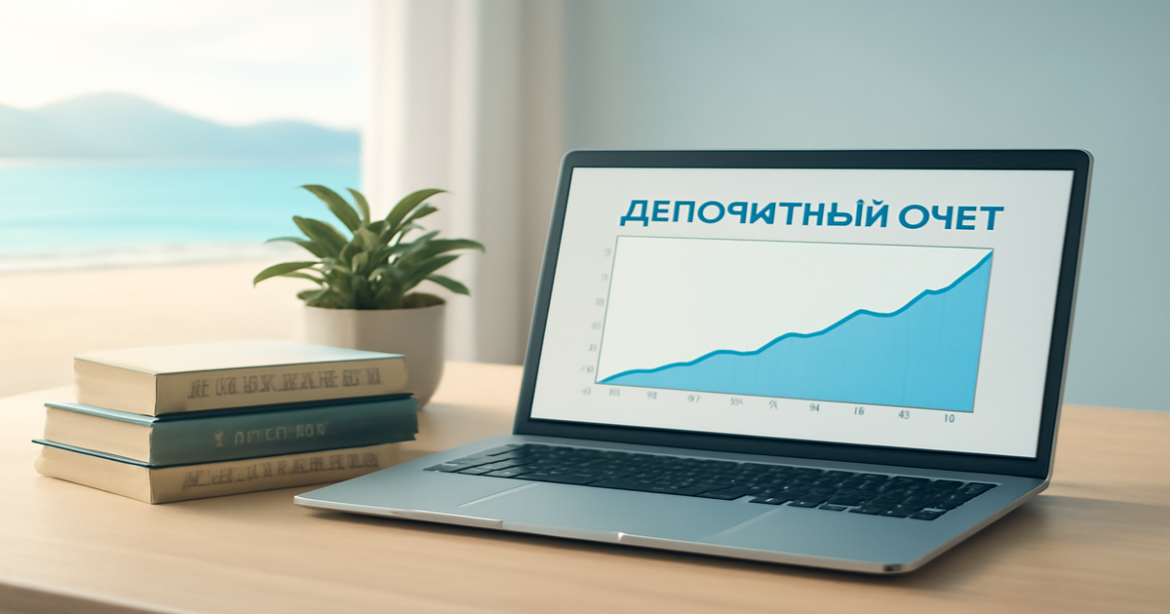 A professional workspace showcasing a депозитный счет growth chart with a relaxing beach view.