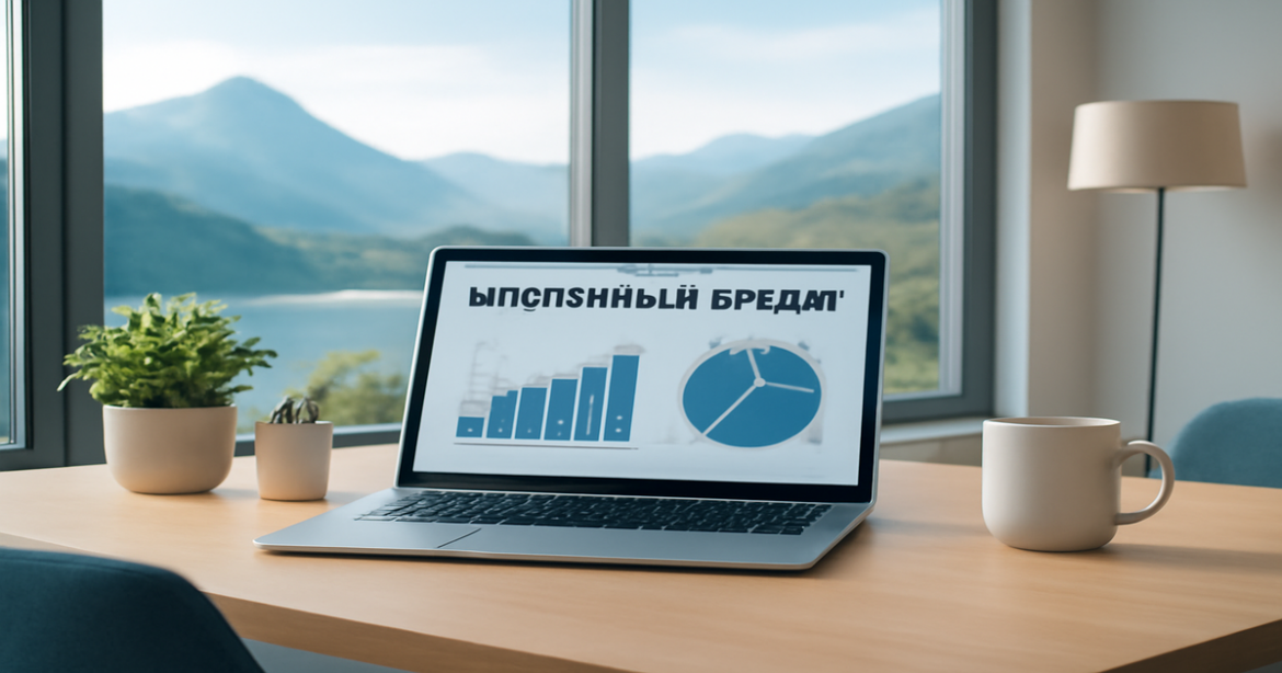 A professional office scene illustrating ипотечный кредит with modern elements and a calming nature backdrop.