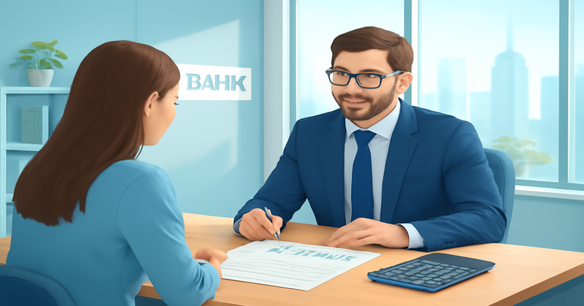 A bright modern bank office scene illustrating ипотека discussions with advisors.