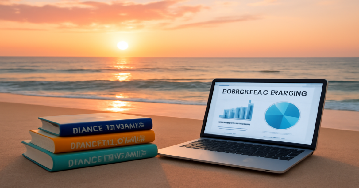 A peaceful beach scene illustrating financial literacy with books and a laptop, promoting smart financial decisions.
