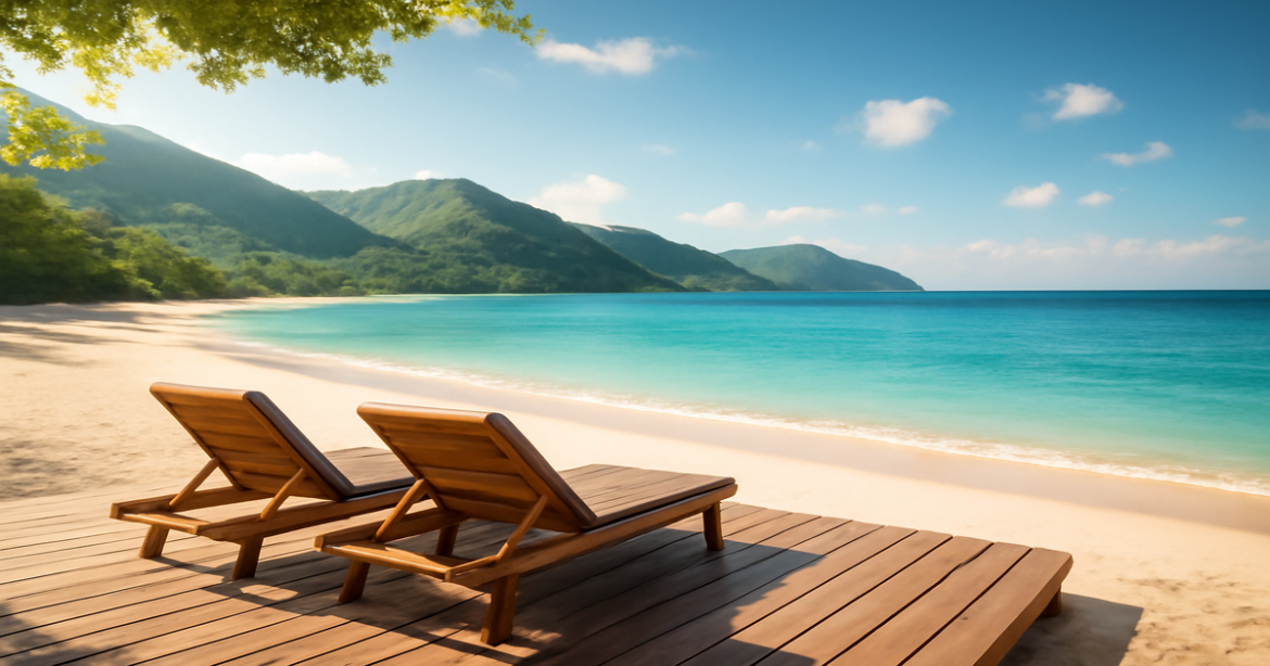 A beautiful beach scene representing финансовая грамотность and financial freedom.