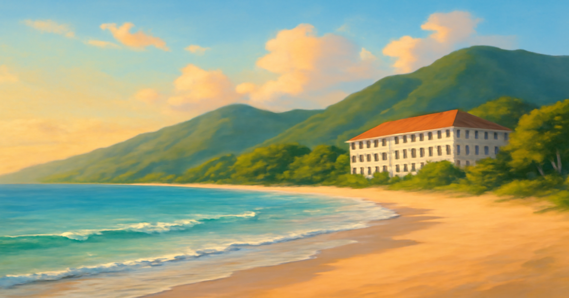A peaceful beach scene representing financial literacy with mountains and a hotel in a bright, relaxing setting.