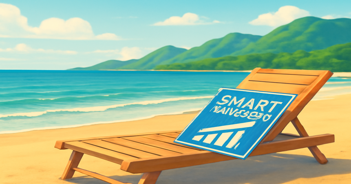 A relaxing beach scene symbolizing smart инвестирование, featuring mountains and calm waters.