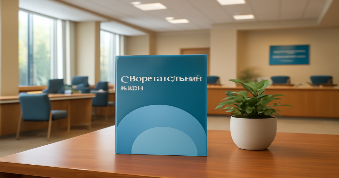 Professional image of a bank setting, showcasing a brochure about сберегательный счет.