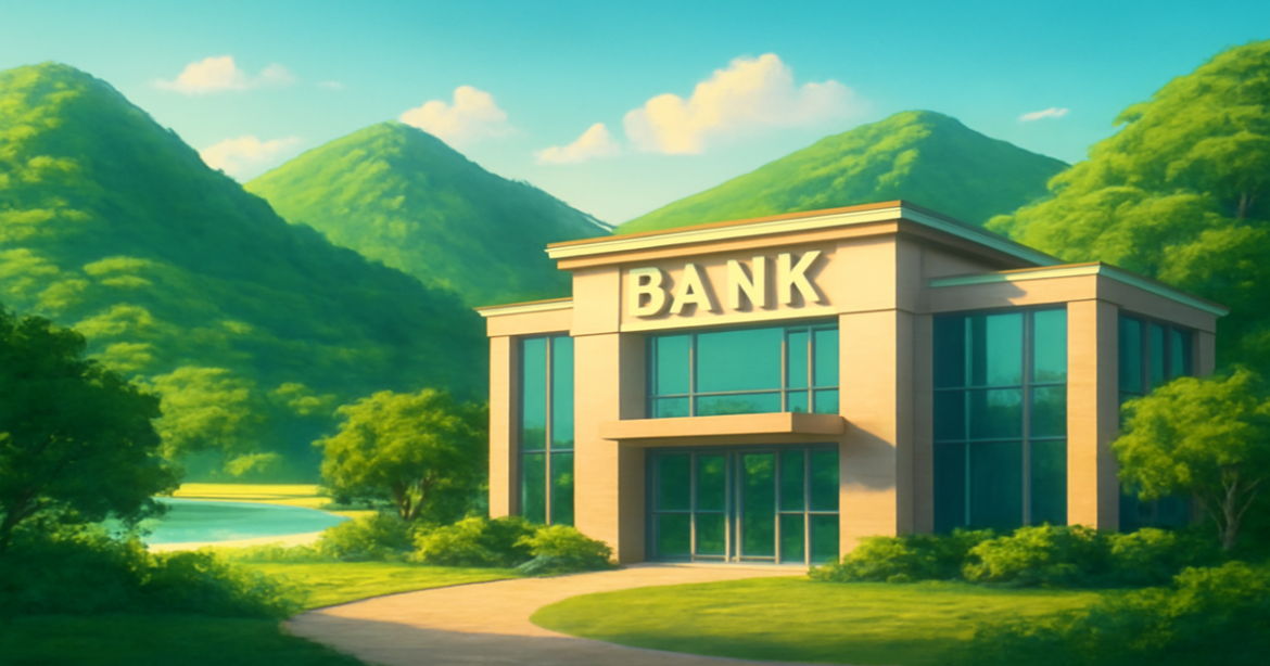 Modern bank building among nature, representing mortgage choices in 2026.