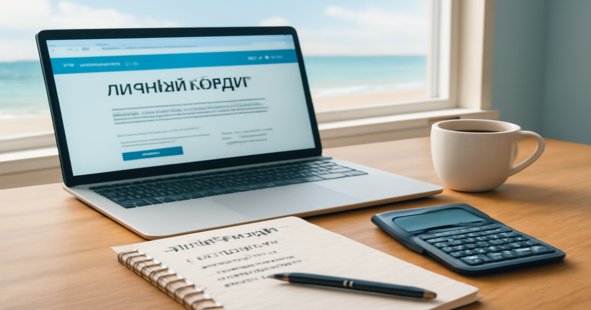 A professional workspace scene focused on личный кредит, featuring a laptop and financial planning tools.