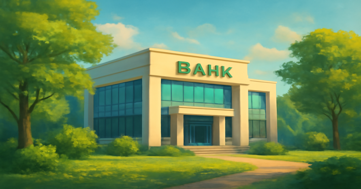 A modern bank symbolizing страхование вкладов in a serene natural setting.