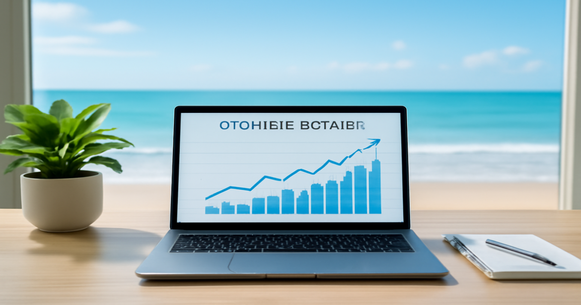 A professional workspace illustrating срочные вклады with a beach view for financial services.