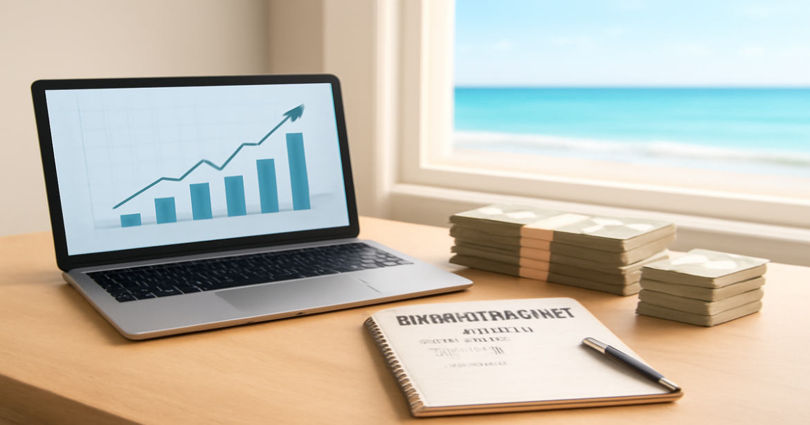 A professional setup showcasing tools for creating a депозитный счет in a relaxing beach setting.