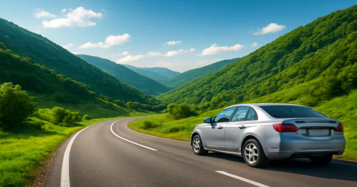 A peaceful mountain road scene illustrating the importance of автострахование.