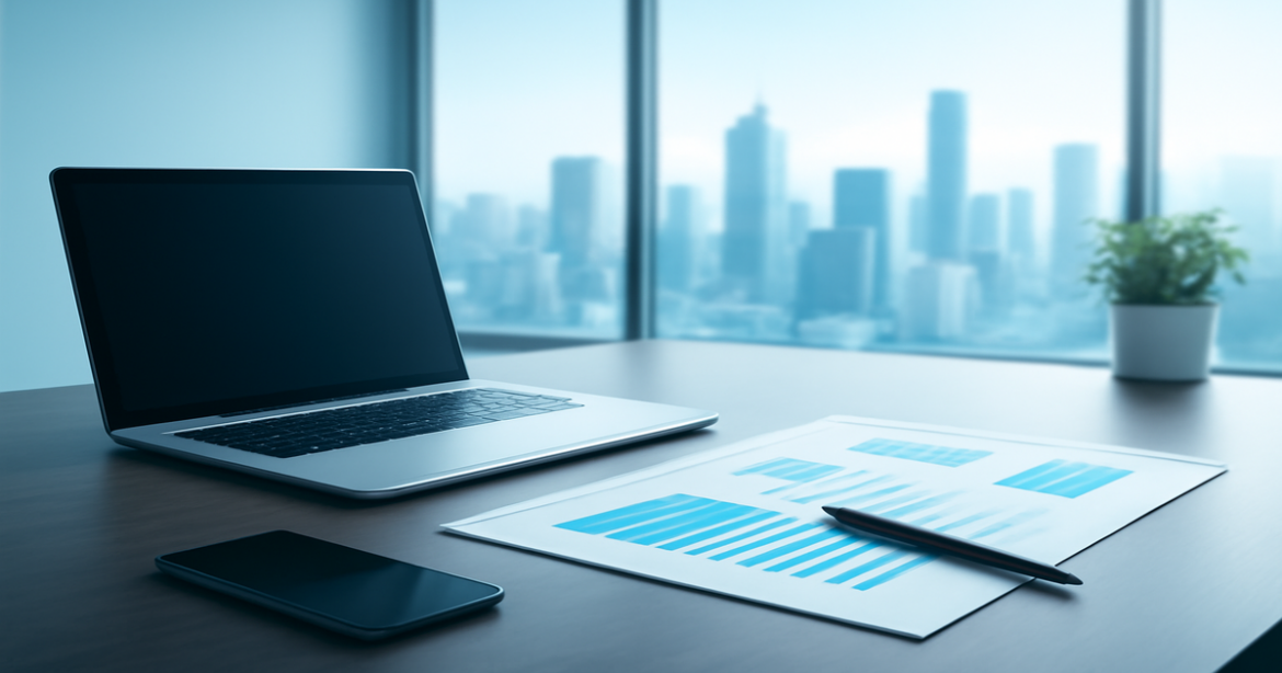 Professional workspace for selecting a банк для бизнеса with a city skyline view.