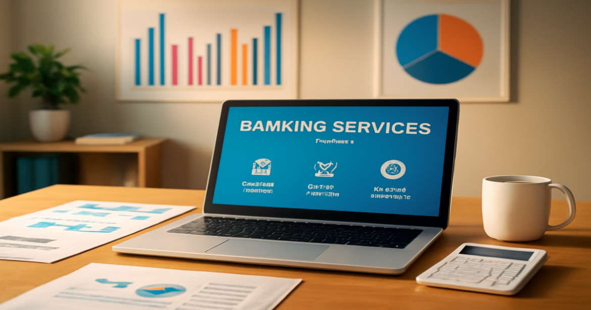 Explore banking services for businesses in a modern office setting with financial tools.
