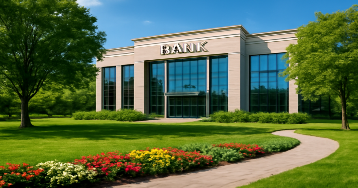 Explore the best банковский депозит options with a serene bank building and green park setting.