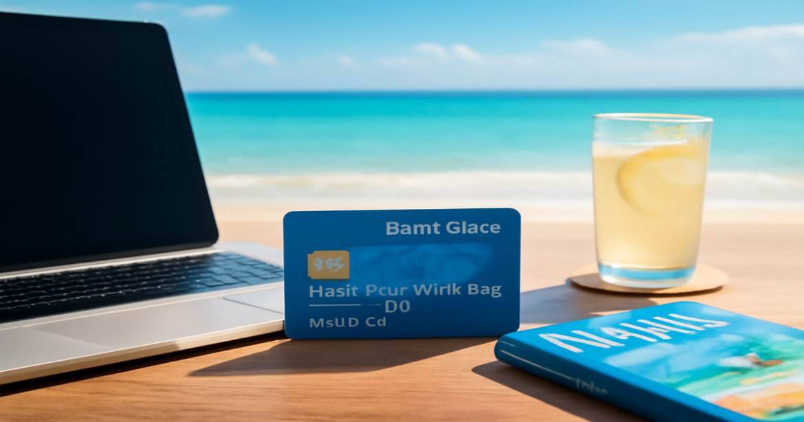 A professional image of a debit card with a beach backdrop, representing personal finance and travel.