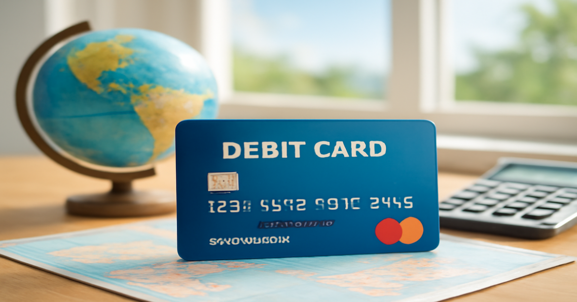 A professional image of a debit card showcasing travel finance management tips.