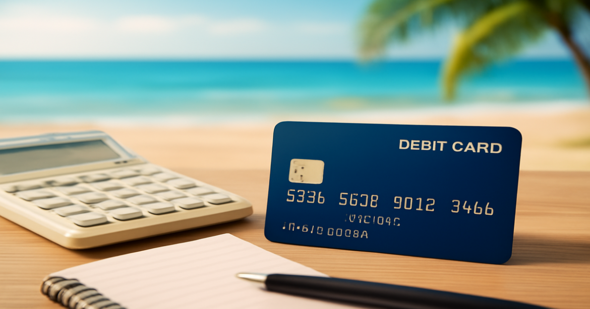 A debit card on a table with financial tools, symbolizing smart financial planning.