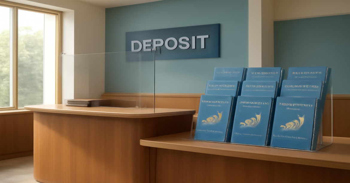 Professional image of a bank interior focusing on депозитные счета for high-interest savings.