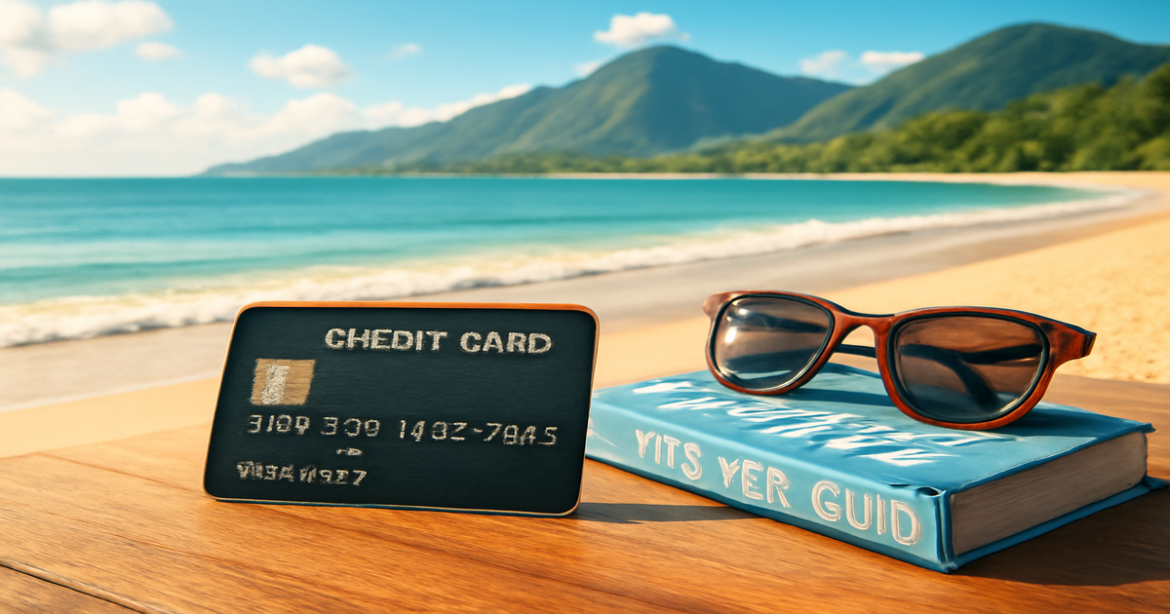 A relaxing travel scene with a credit card, symbolizing effective использование кредитные карты for financial planning.